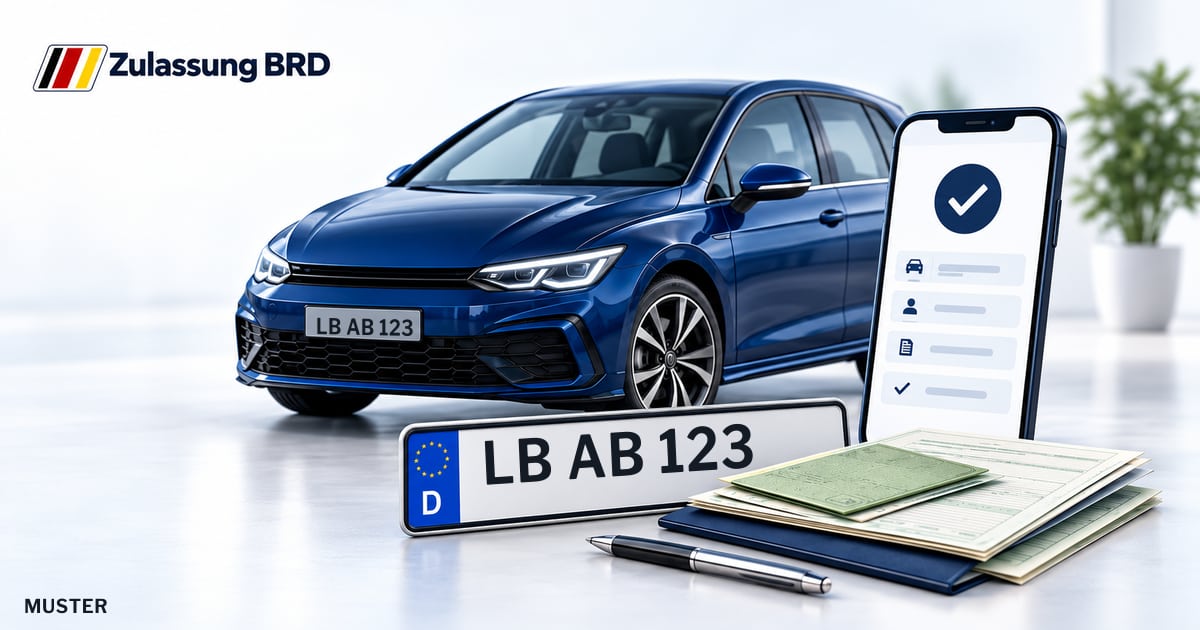 Online Fahrzeugzulassung in Marbach am Neckar: Musterkennzeichen LB AB 123, Auto und Fahrzeugpapiere und Smartphone. Illustration mit Logo von Zulassung BRD.